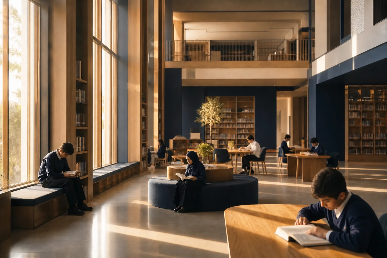 A student reading in a sunlit school library